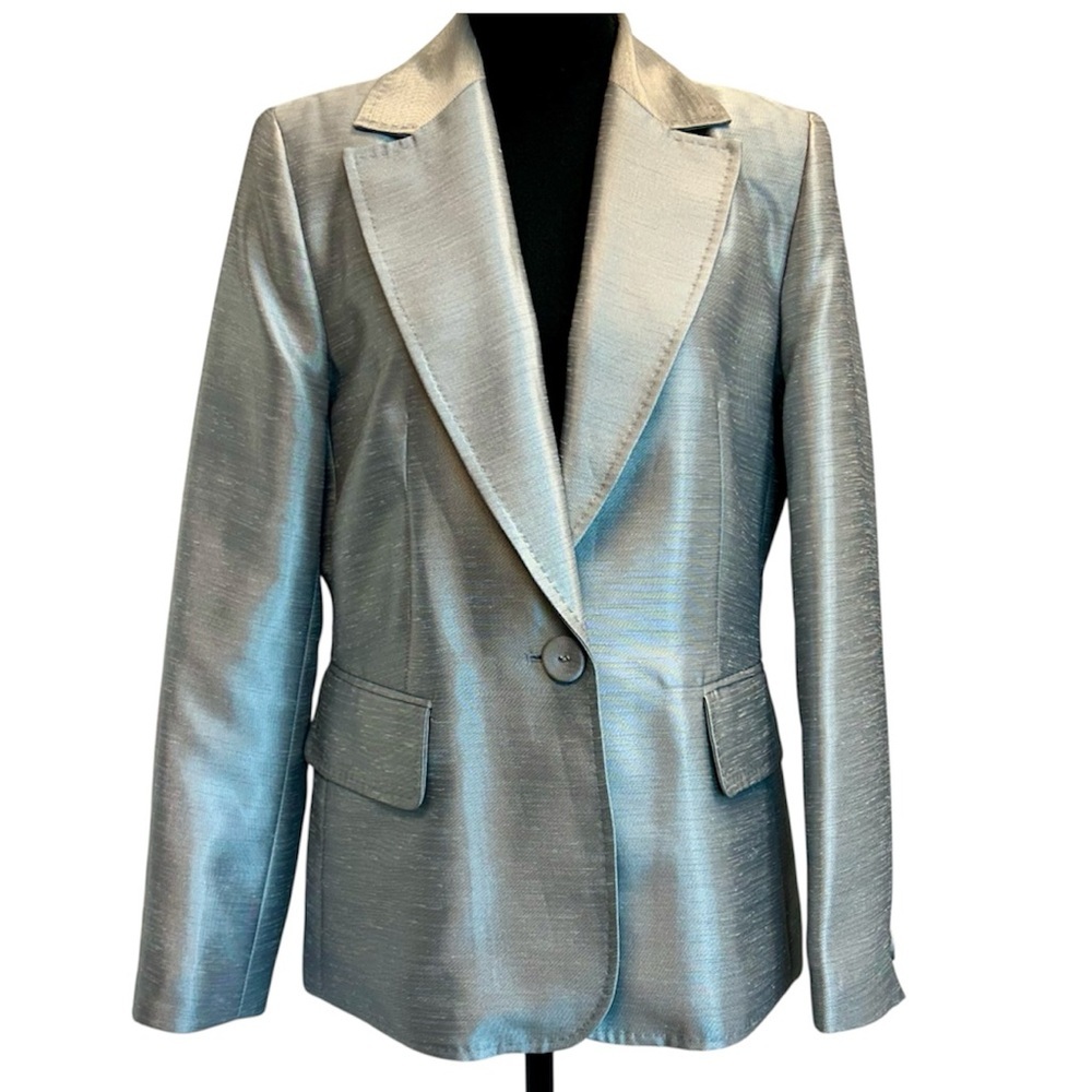 Melanie Lyne metallic silver gray single breasted tailored cinched blazer jacket